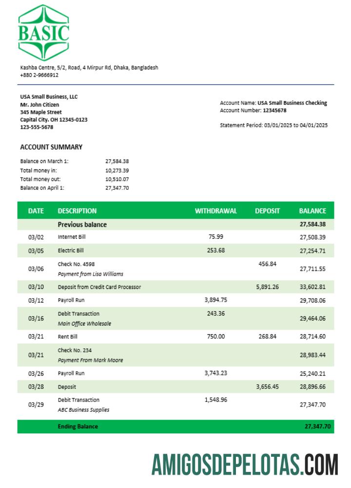 Extrato de conta corporativa do Realista Basic Bank modelo Word e PDF